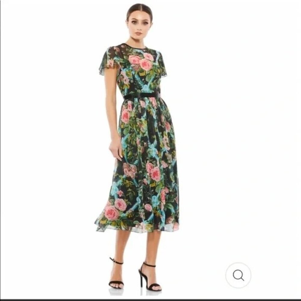 MAC DUGGAL FLORAL ILLUSION FLUTTER SLEEVE MIDI DRESS Size 16 NEW 9149